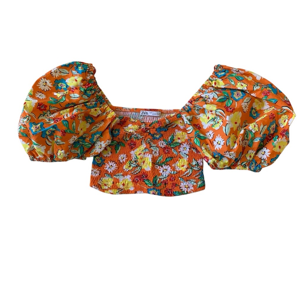 ZARA | Small Orange Floral Crop top with Smocked Bodice and Balloon Sleeves